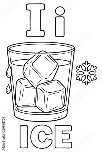 Educational coloring page for kids featuring the letter i and a glass of ice
