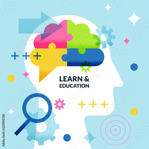 Vector geometric illustration of human head profile with puzzle brain and magnifying glass for education concept