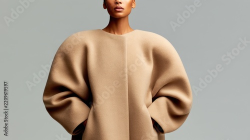 Woman wearing a beige collarless coat with rounded shoulders and oversized sculptural sleeves against a muted gray studio backdrop