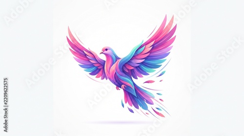 Stylized Colorful Dove Mid-Flight with Pink and Purple Trails – Abstract Gradient Bird Illustration