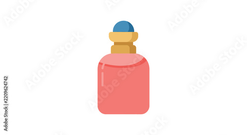 Coral perfume bottle with a rounded form and gold colored cap stands on a white background