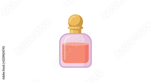 Perfume bottle with a golden cap is presented in a flat vector illustration