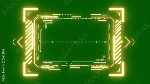Futuristic heads-up display target interface animation with glowing yellow laser vectors and green background motion footage