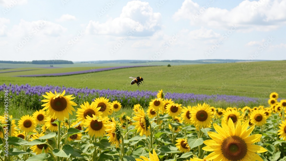 Fototapeta premium Bee Hovering Over Colorful Flower Field