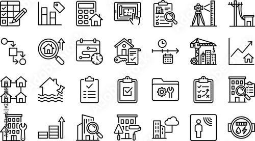 Real estate construction property inspection building management line icon set