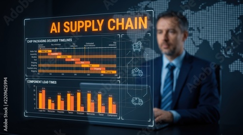 Modern business leader reviews intricate digital projections, strategically managing global logistics and optimizing supply chain operations with advanced analytics