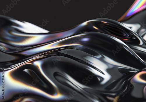 Close up of fluid metallic waves with sheen and rainbow reflections liquid metal chrome surface metallic