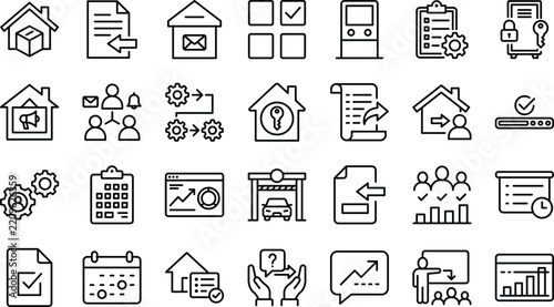 Business management real estate workflow project planning line icon set