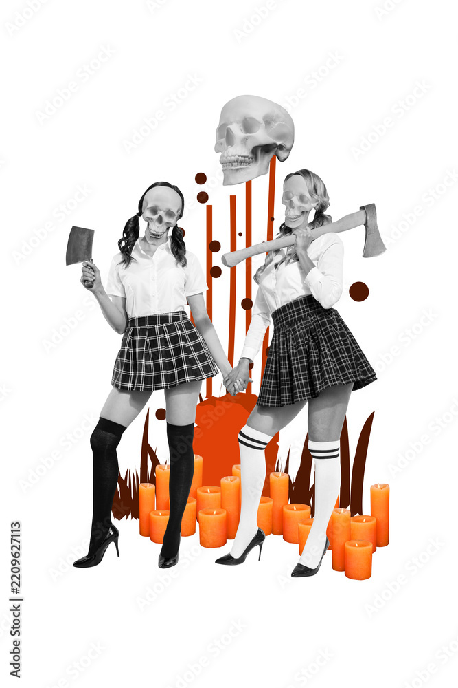 Fototapeta premium Vertical photo collage of two faceless schoolgirls wear uniform hold ax killer halloween party occult candle isolated on painted background