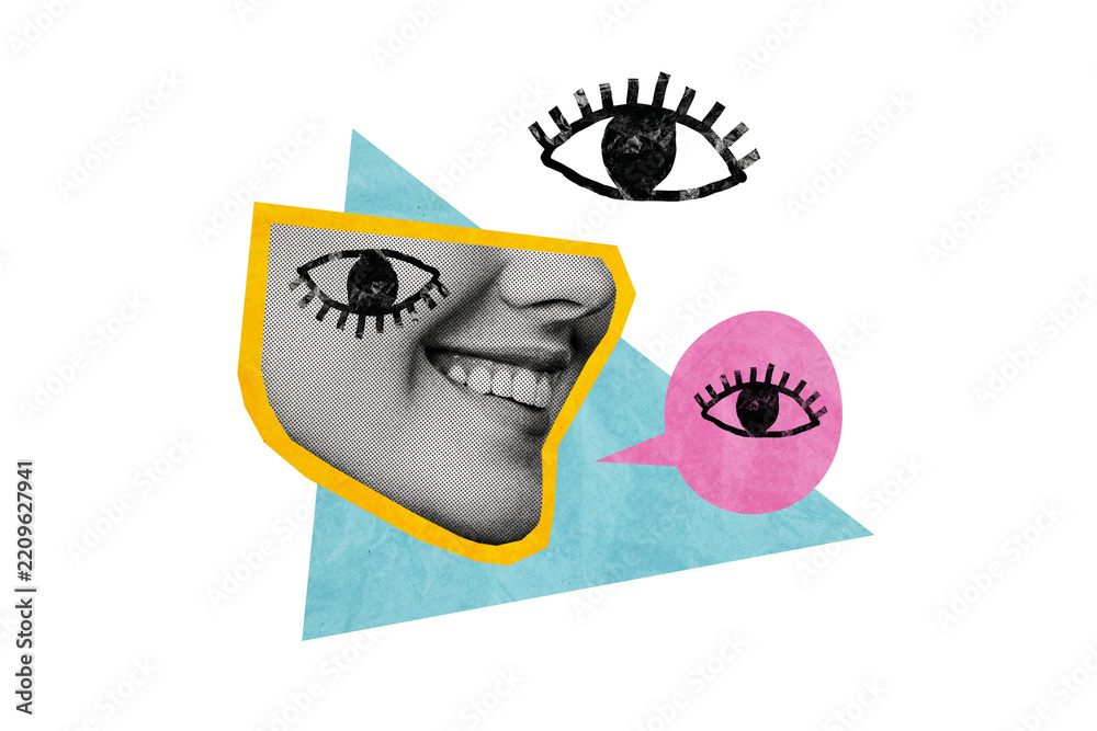 Fototapeta premium Composite artwork sketch image collage of draw painting caricature half face eye watch see friends half face young woman talk speech cloud