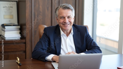 Smiling Senior Businessman Working on Laptop in Office