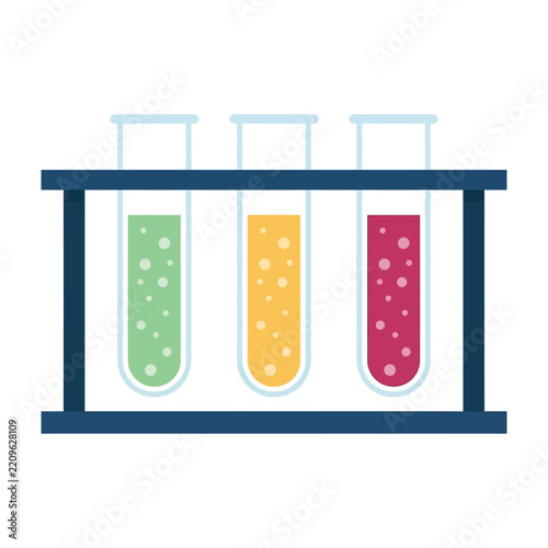 Three colorful test tubes in a rack on a white background for science education