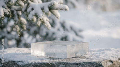Empty product display podium in snowy winter landscape