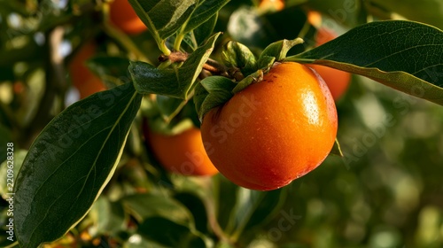 Ripe orange persimmon fruit hanging on a tree branch in a sunny orchard during the autumn season
