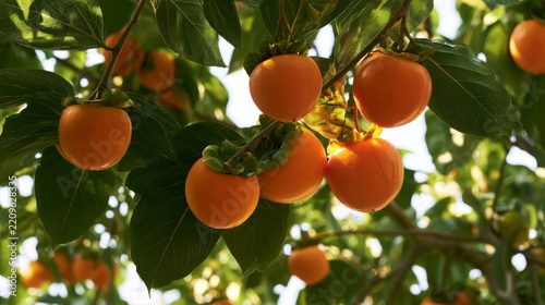 Ripe orange persimmon fruits hanging from tree branches in a sunny orchard during autumn harvest