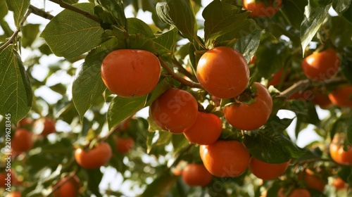 Ripe orange persimmon fruits hanging from tree branches in a sunny orchard during autumn harvest