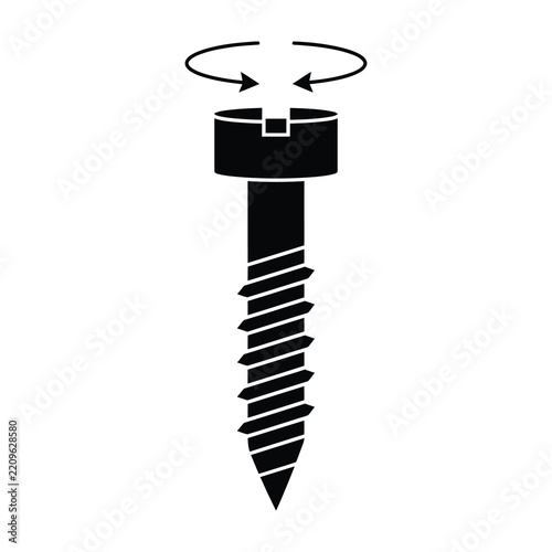 Screw with rotating arrow icon showing turning motion for construction assembly