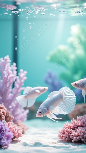 White Betta Fish Swimming in Pastel Pink Coral Reef