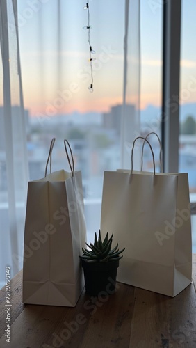 Two white paper bags on a wooden table with a potted succulent and cityscape background