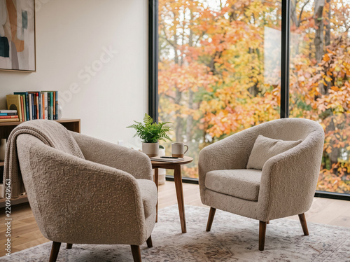 Cozy living room interior with armchairs and beautiful autumn forest view