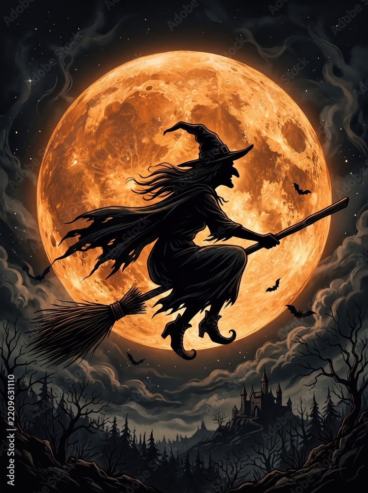 Fototapeta premium Witch flying on a broomstick before an enormous full moon. Halloween fantasy illustration with bats and a haunted castle. Spooky folklore, magic and supernatural celebration.