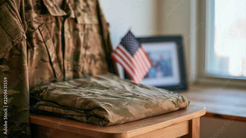 Naklejka premium Folded US Military Camouflage Uniform on Chair with Small American Flag Background