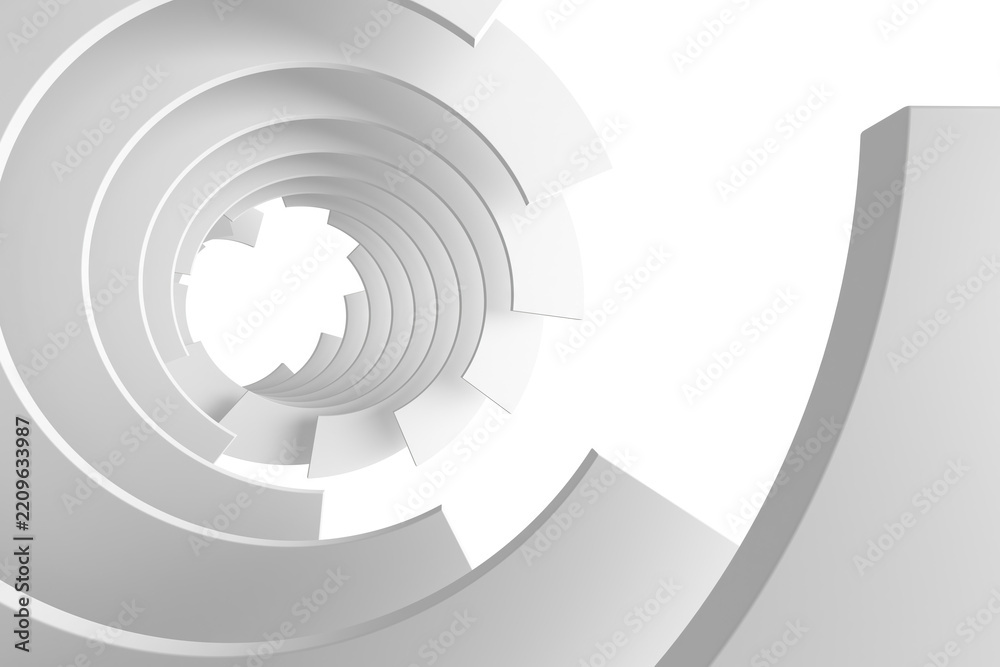 Fototapeta premium White spiral tunnel with concentric rings and geometric cutouts for abstract 3d render background and poster design