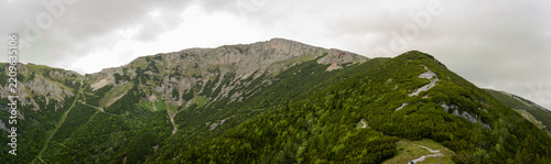 Wide Alpine Mountain Panorama with Limestone Ridge, Dense Green Slopes and Hiking Trails under Cloudy Sky in Rax Alps Austria