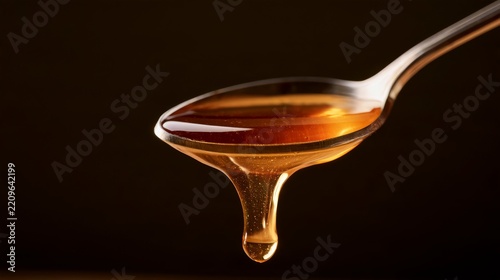 Golden honey dripping from a spoon in a close-up shot