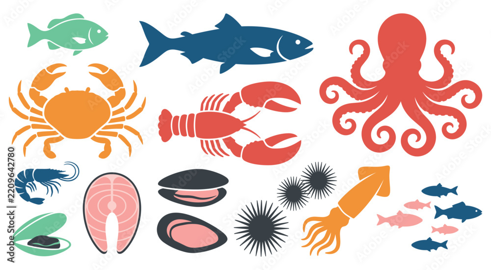 Obraz premium Ocean seafood color silhouette symbol and icon selection.