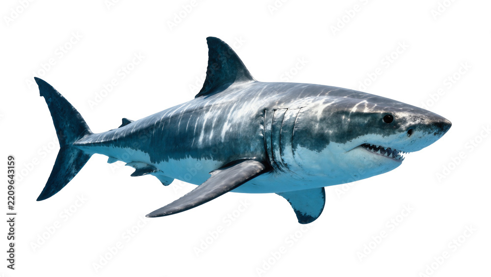 Obraz premium Great white shark with sharp teeth, isolated on transparent background