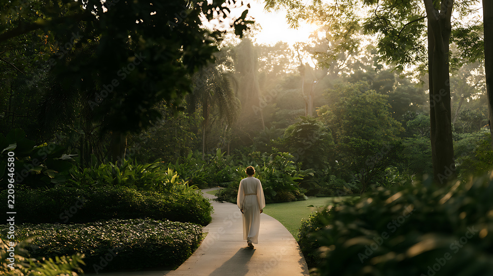 Naklejka premium A serene woman walk alone along a lush green park path under soft morning sun rays shining through tall trees in peaceful nature landscape