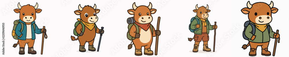 Obraz premium A set of cute bull vectors dressed as hikers and ready for adventure.
