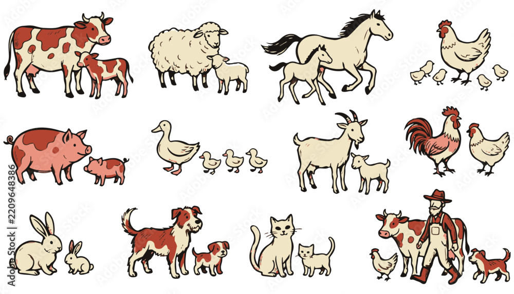 Fototapeta premium Vector illustration set of domestic farm animals with babies including cow sheep horse pig goat duck hen dog and cat