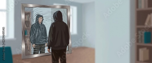 Body image distress concept with abstract distorted mirror and fully clothed figure. Eating disorder concepts and awareness