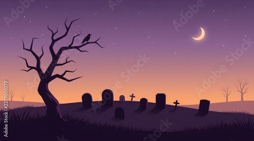 Moonlit Night Landscape with Silhouetted Trees, Cloudy Blue Sky and Dark Countryside Horizon at Evening Dusk, Peaceful Nature Background and Atmospheric Scenic View
