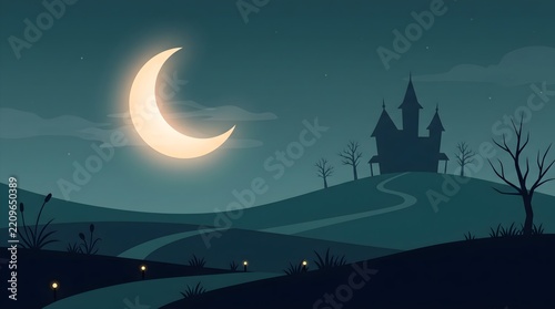 Spooky halloween night landscape with a haunted castle silhouette glowing pumpkins and a crescent moon in the sky