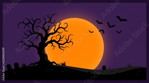 Halloween Night Landscape with Glowing Full Moon, Spooky Tree Silhouettes, Flying Bats, Stars and Pumpkin Under a Dark Blue Sky, Eerie Holiday Background Vector Illustration