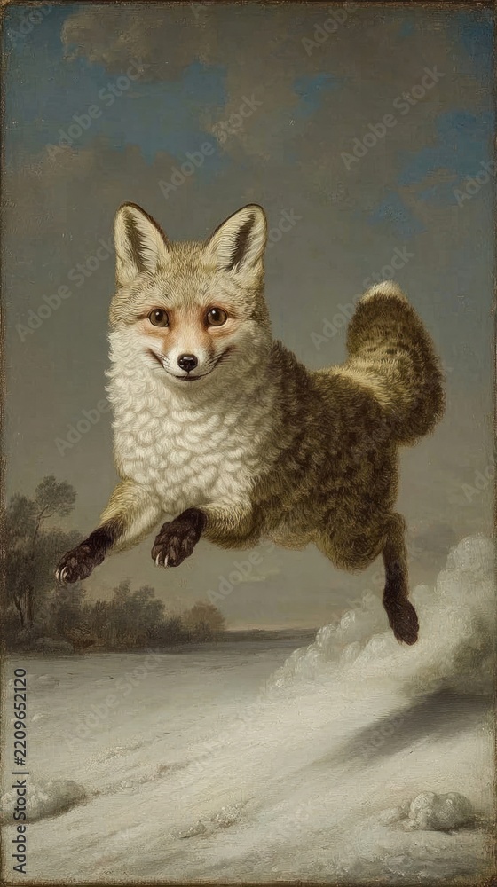 Fototapeta premium Vintage-style fox leaping in snowy landscape, ideal for mobile wallpaper.