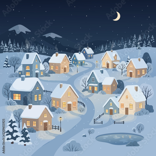 Charming Winter Village Scene at Night with Snow Covered Houses and Crescent Moon vector illustration