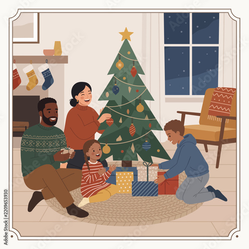 Happy diverse family decorating Christmas tree and opening presents on holiday eve vector illustration