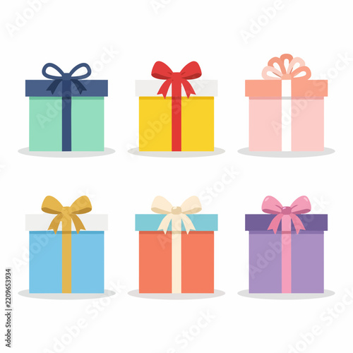 Collection of Six Colorful Gift Boxes with Ribbons and Bows Isolated on White Background vector illustration