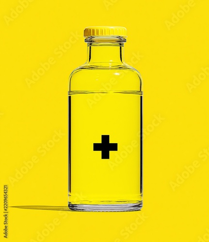 glass bottle with medical cross on brilliant yellow background; health beverage promo asset