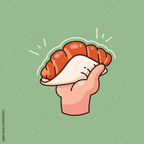 Hand holding fresh baked croissant vector illustration in cute cartoon flat style