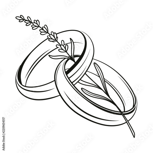 Intertwined wedding rings decorated with a sprig of lavender in a clean line art style lavender intertwined marriage engagement botanical illustration monochrome
