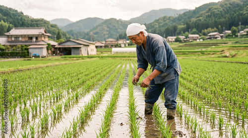 Traditional Asian farmer planting rice crops in a scenic rural terrace field