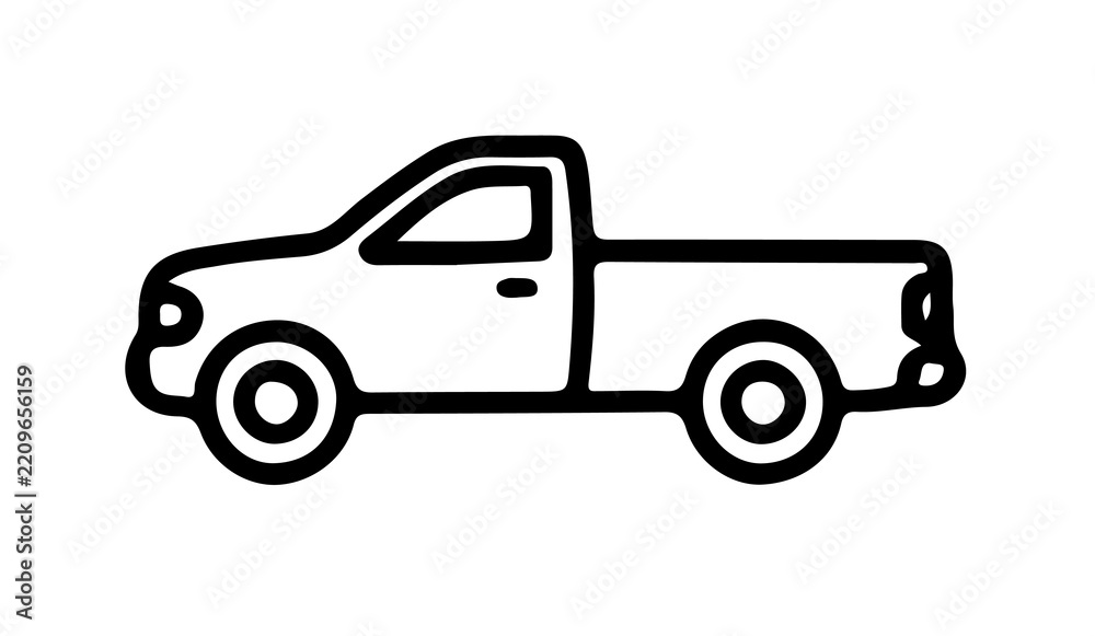 Fototapeta premium Simple black and white line art of a pickup truck isolated on transparent background