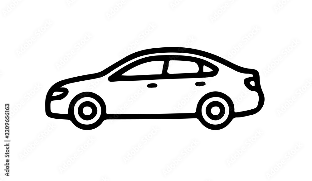 Obraz premium Simple black and white line drawing of a sedan car isolated on transparent background