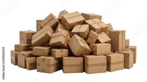 Large pile of cardboard shipping boxes isolated on transparent background