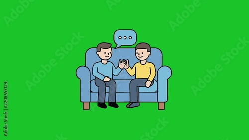 Two people sitting on sofa talking with speech bubble.